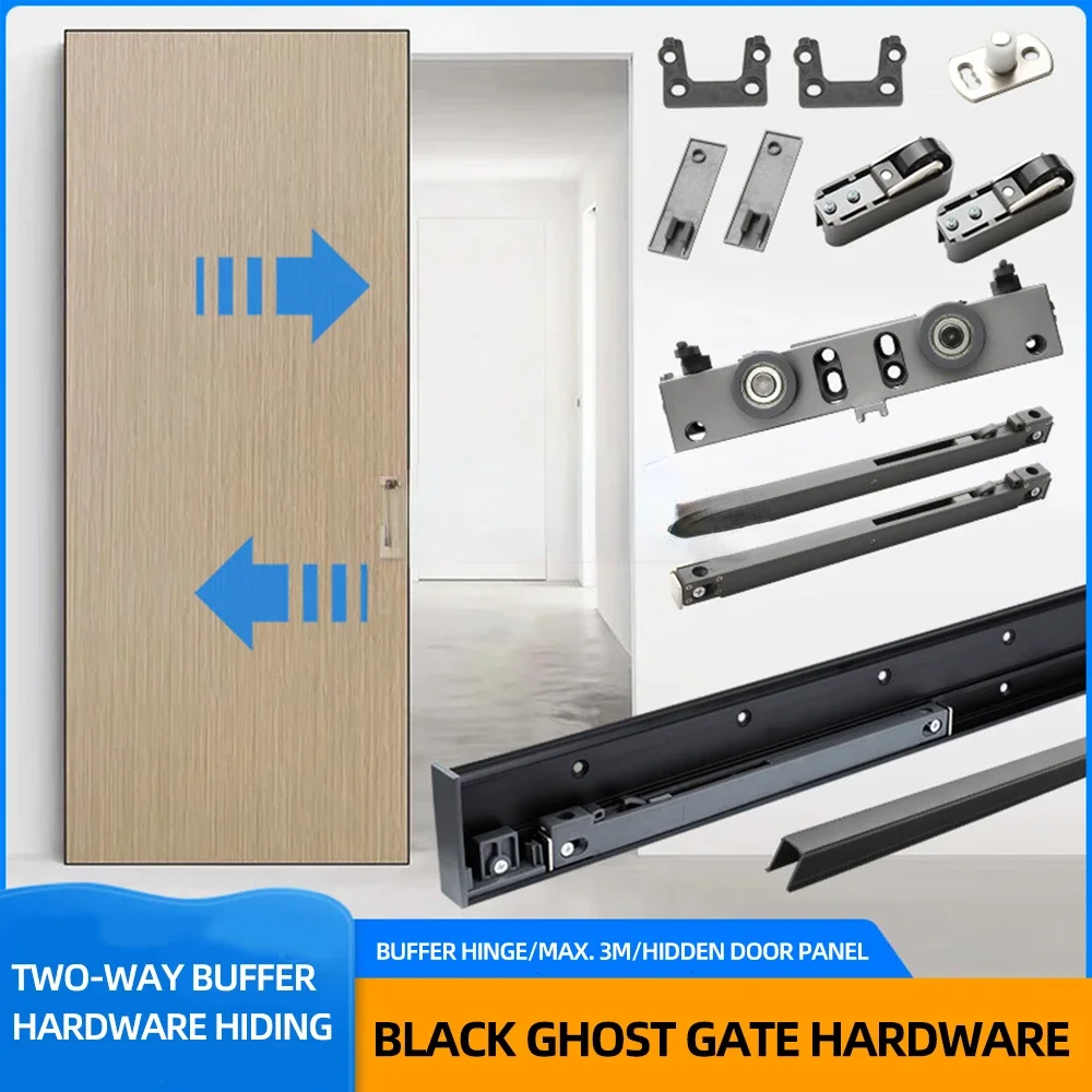 80-120cm Hidden Sliding Barn Door Hardware Track Kit, No Floor Rail Floating Soft Closing Interior Wall Mount Track Rolling Set