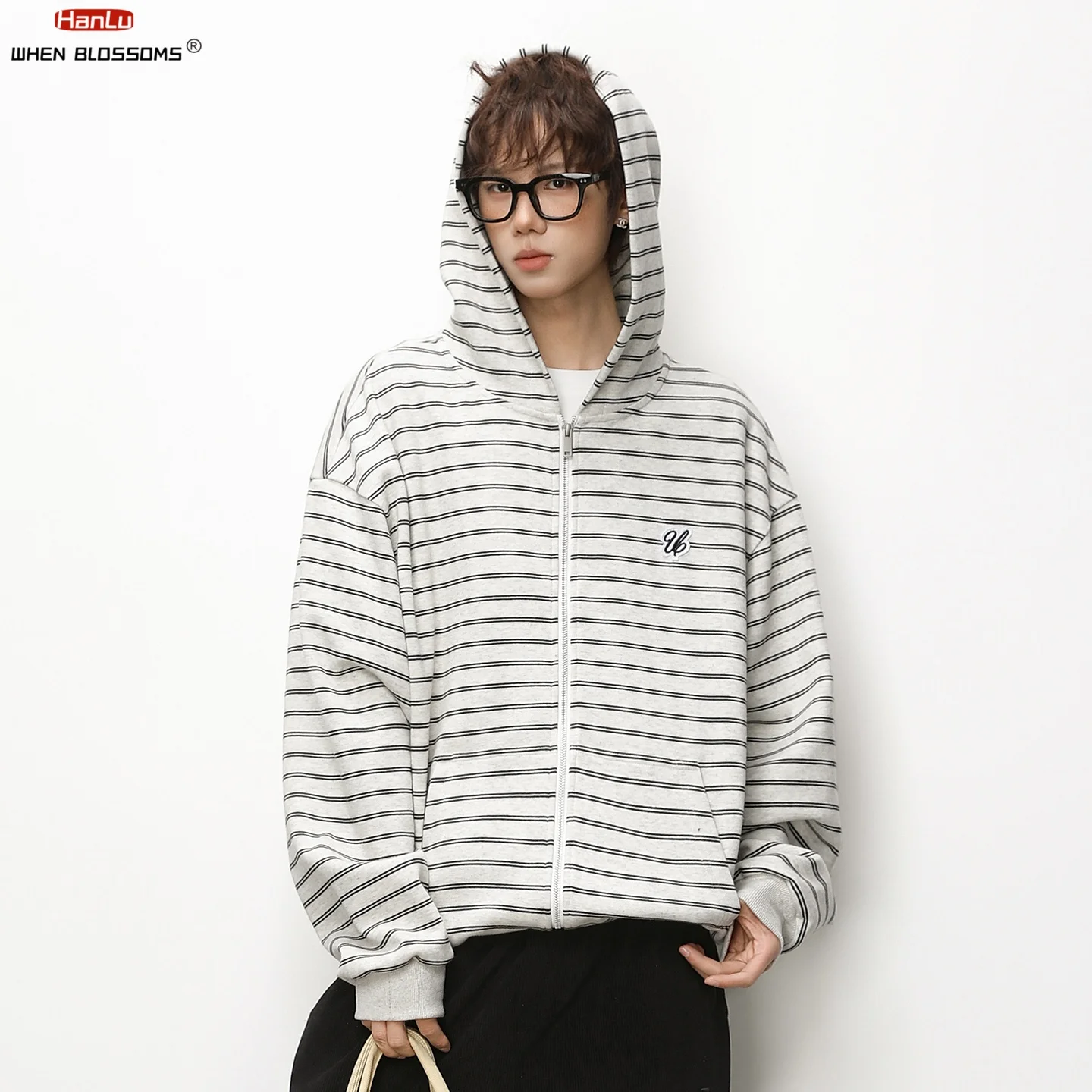 Men's 2026 Striped Hooded Cardigan Embroidered Details Boxy Fit Lazy Style Oversized Knitwear Spring Layering Top