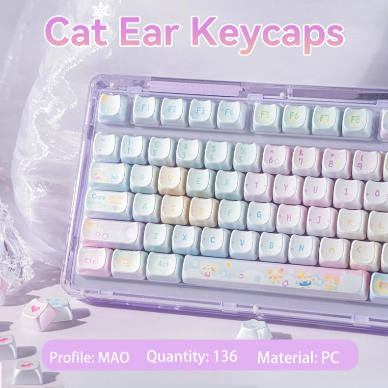 Metallic Paint Keycaps PC Sublimation Cat Ear Shaped MAO Profile Key Caps for MX Switches ANSI Alice Layout Mechanical Keyboards