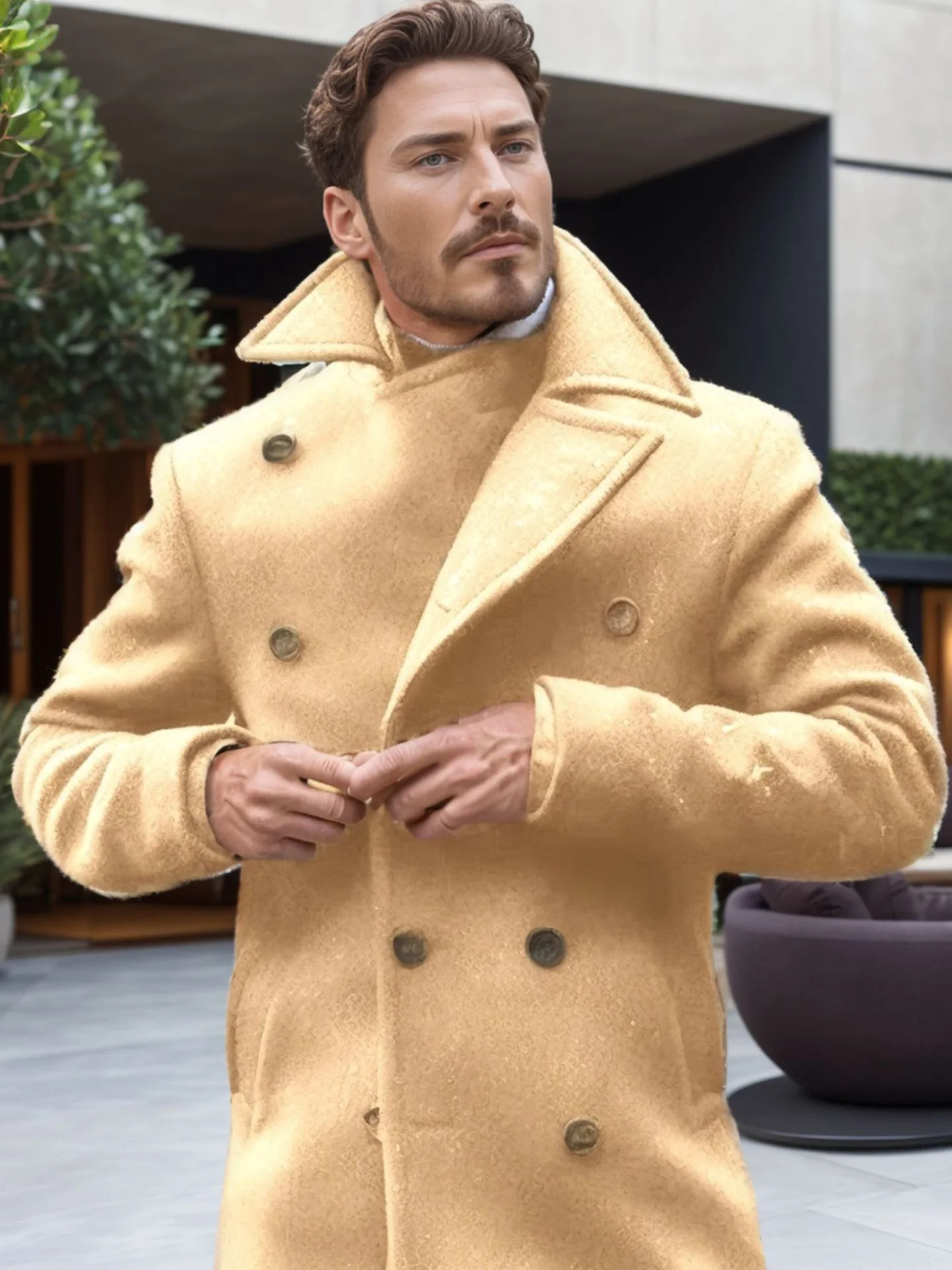 

Мужское зимнее длинное пальто из шерстяной смеси с элементами пэчворка и секционным дизайном