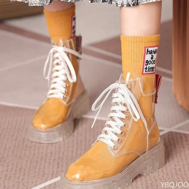 2022 Cool Fashion Women Transparent Platform Boots Waterproof Ankle Boots Feminine Clear Heel Short Boots Sexy Female Rain Shoes