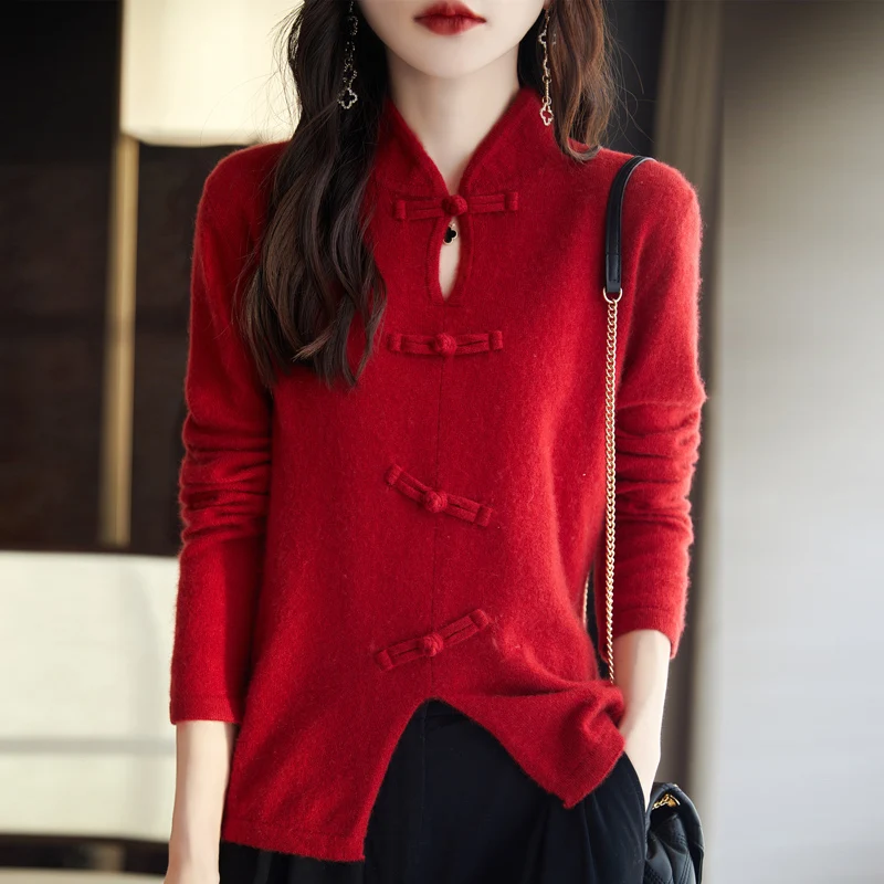 HBYAGRO autumn and winter 100% pure wool sweater women's stand collar loose Chinese style button needle knit pullover