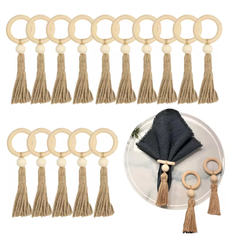 Wood Bead Napkin Rings Napkin Holders With Tassels Hand-Woven Boho Buckles For Christmas Farmhouse Wedding Home Table Decoration