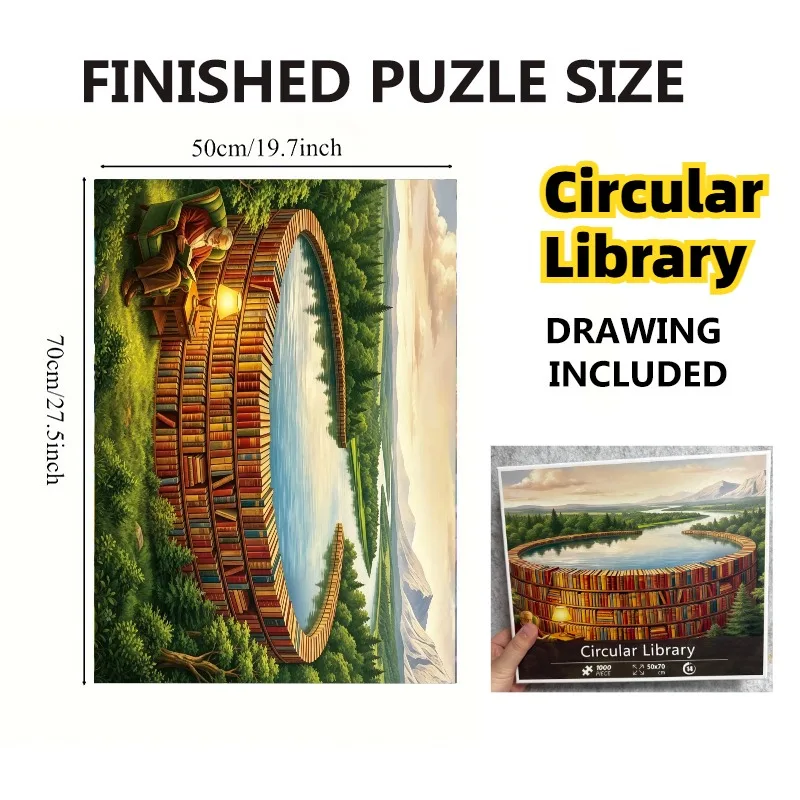 Circular Library Jigsaw Puzzle 1000‑Piece, Fantasy Book Lake Mountain Nature Scenery Puzzle, Challenging Brain Tease, 70×50cm