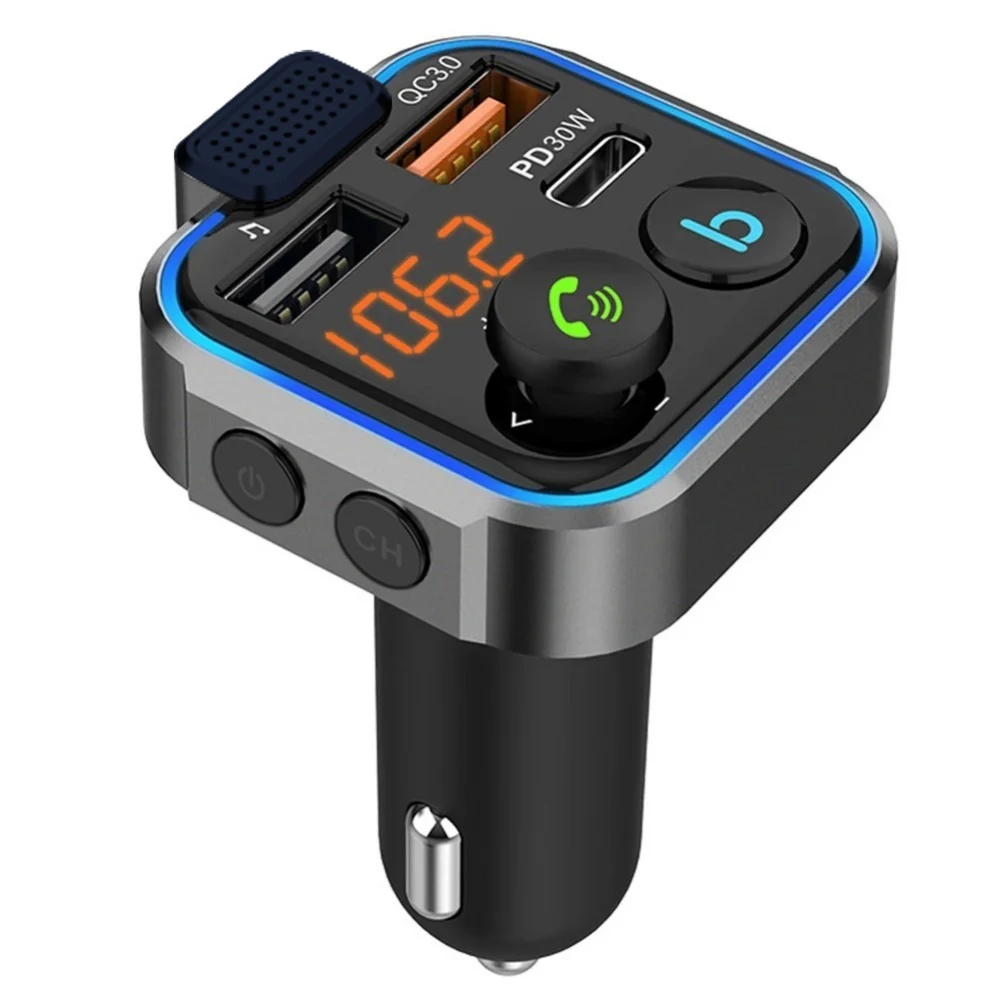 Car Charger Bluetooth5.3 FM Transmitter with Type C PD 30W QC3.0 USB Fast Charger Hands-free Supporting USB Memory Stick Adapter