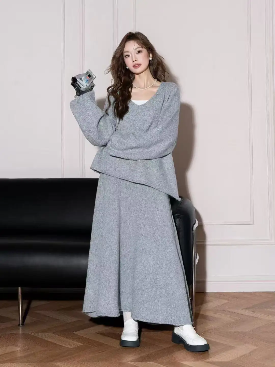 

Long Sleeve Knitted Sweater Coat Women Loose Slim Soft Cotton Half Skirt Set Casual Style V Neck Daily Wear Two Piece Set