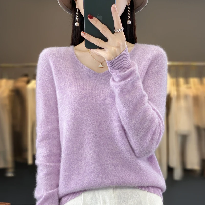 100% pure wool cashmere sweater women\'s V-neck pullover casual knit top autumn and winter women\'s coat Korean fashion