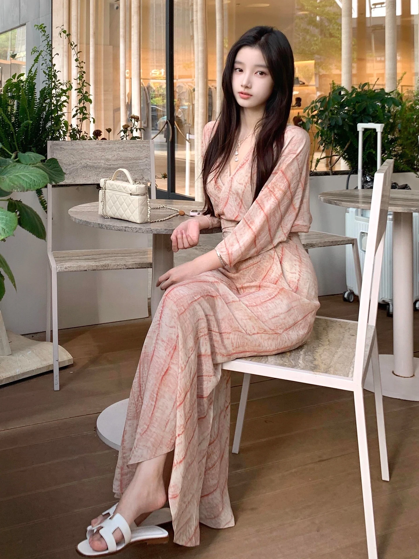 Ele rose v-ne dr femmes été taille haute a-ligne jupe longue doux Sle Polyester fibre support Version complète Sve