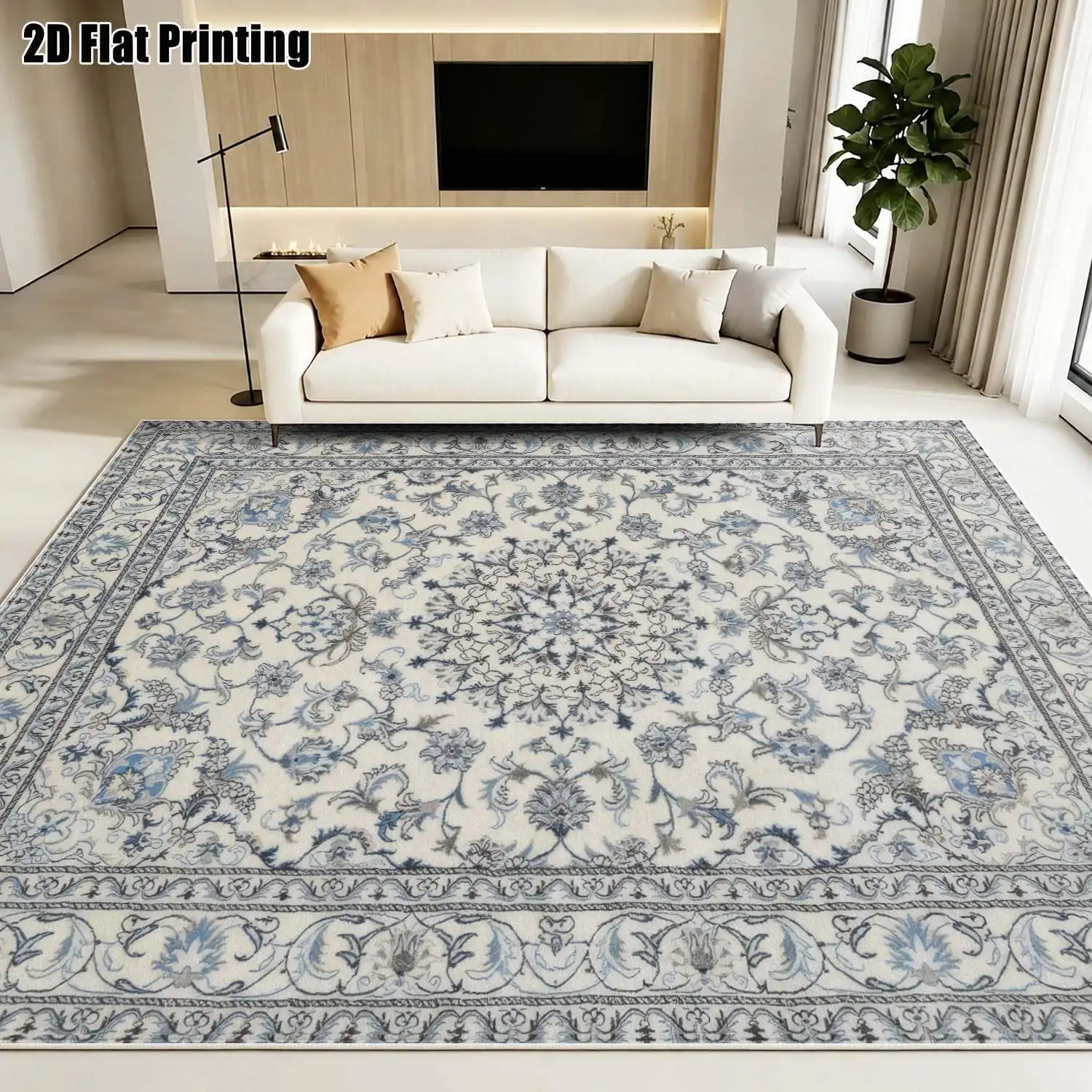 1Pc 2D Printed Blue-White Floral Velvet Carpet: Vintage, European, Bohemian Style, Machine Washable, Multi-Size for Home Decor, Multi-Scene Use