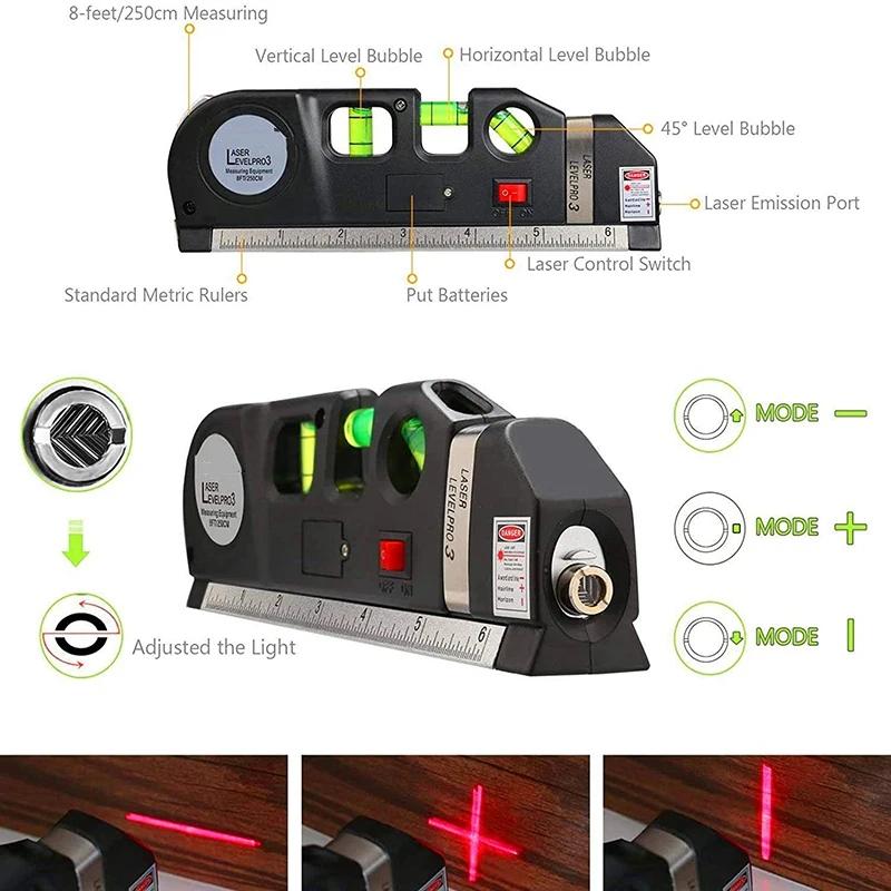 NEW-Multipurpose Laser-Level Laser-Line 8 Feet Measure Tape Ruler Adjusted Standard And Metric Rulers Laser-Level Line Tool