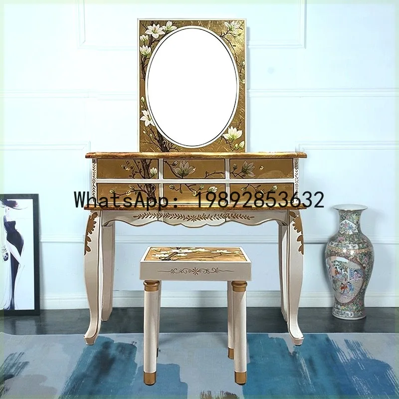 CZ  Gold Foil Dressing Table Bedroom Solid Wood Painted Retro Internet Celebrity Korean Style Makeup Table Storage Cabinet