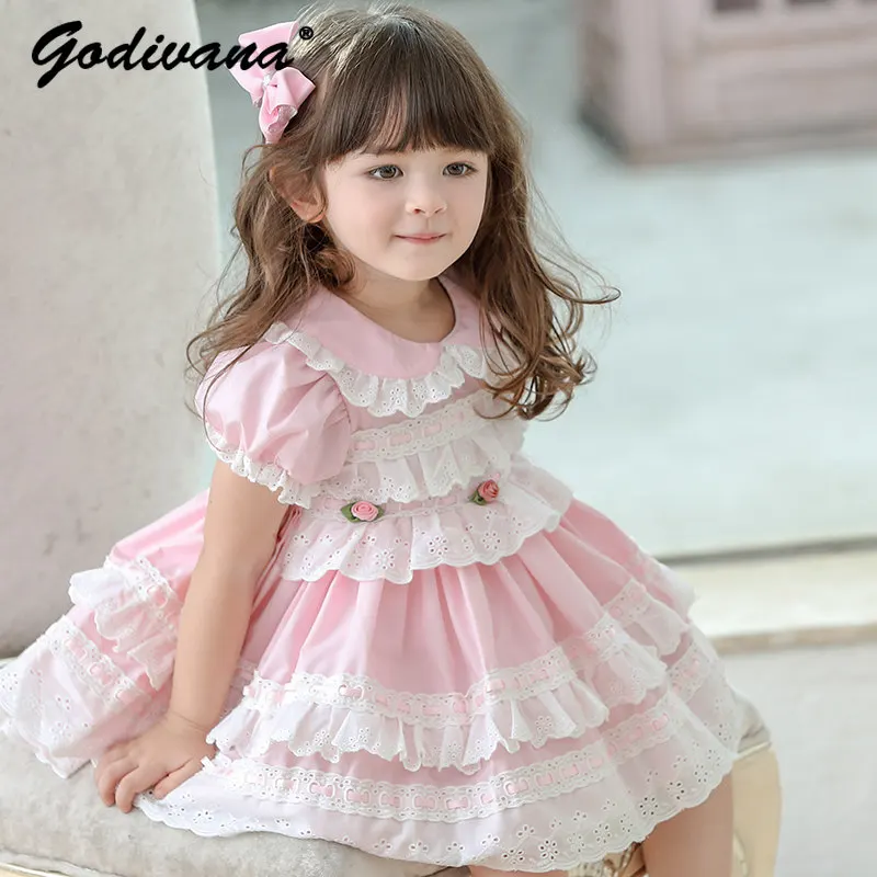 Sweet Baby Girls Spanish Court Luxury Princess Dress Kids Summer Cotton Doll Collar Puff Sleeve Lace Trim 3D Floral Tutu Dress