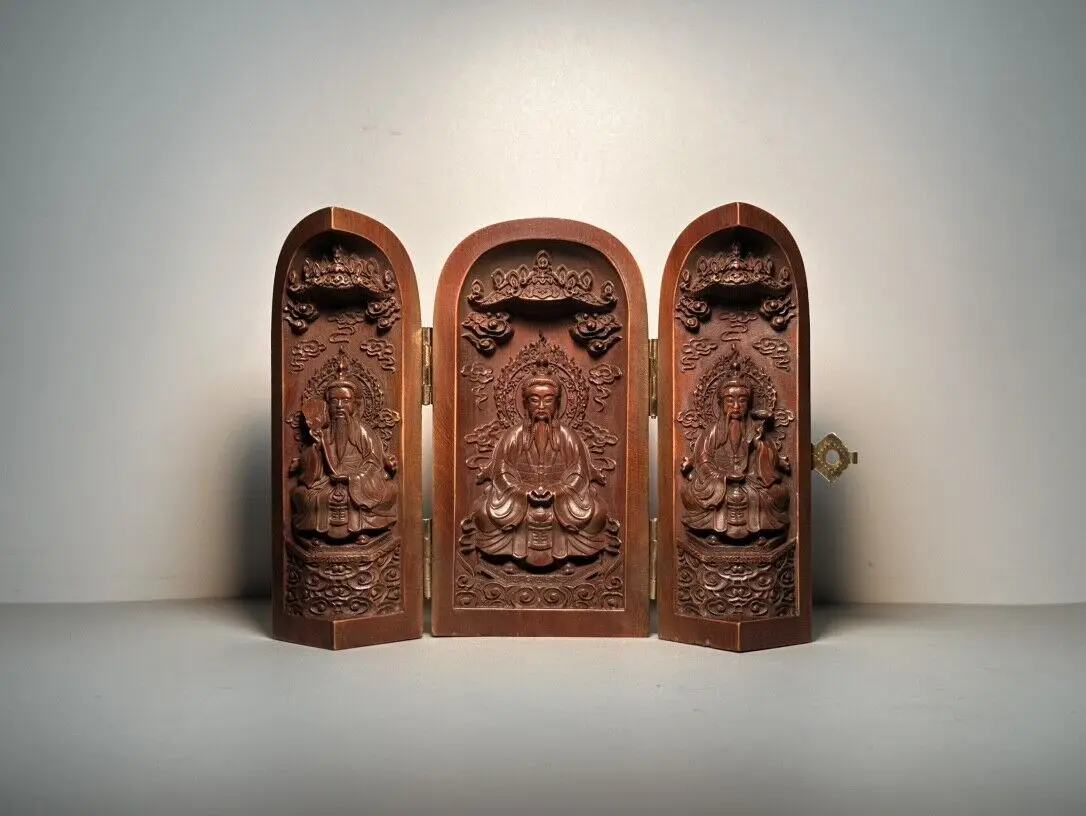 Антикварная коробка с тремя открытыми коробками, даосские санитарные святы, сбор деревянной резьбы по фэн-шуй Антикварная коробка с тремя открытыми коробками, даосские санитарные святы, сбор деревянной резьбы по фэн-шуй