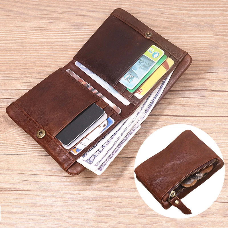 

Genuine Leather Wallet For Men Male Vintage Cowhide Short Bifold Hasp Men's Purse With Credit Card Holder Zipper Coin Pocket Bag