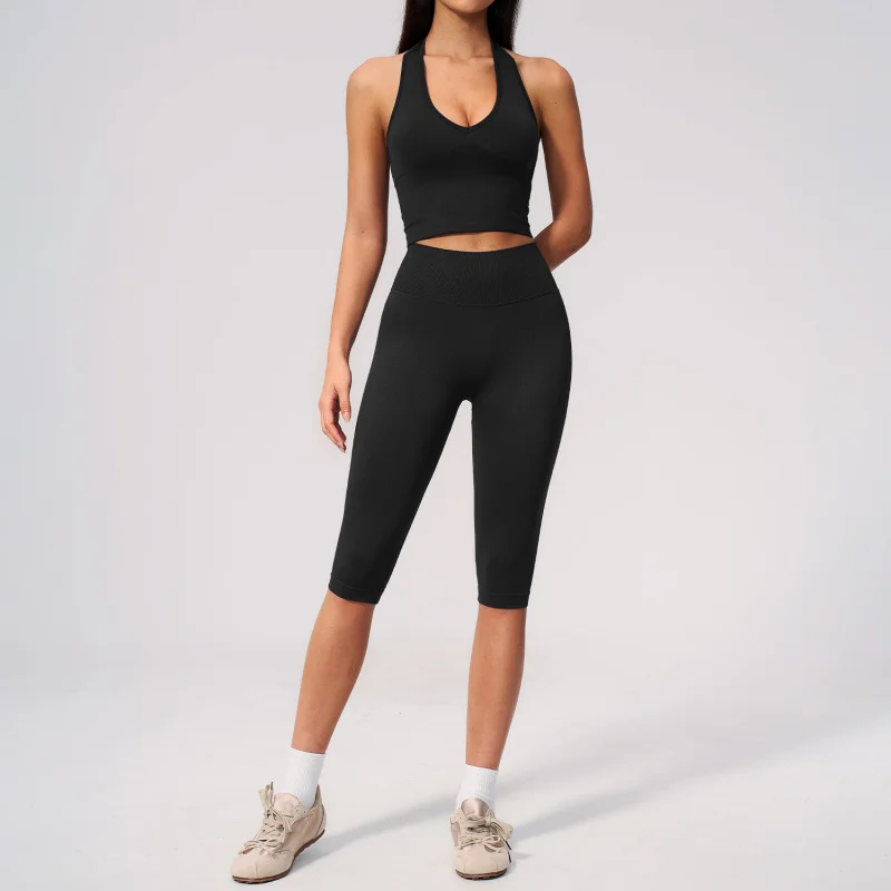 New Yoga Suit Seamless Ribbed Tight-fitting Shockproof High Elasticity Running Training Fitness Wear Sports Vest Leggings Sets