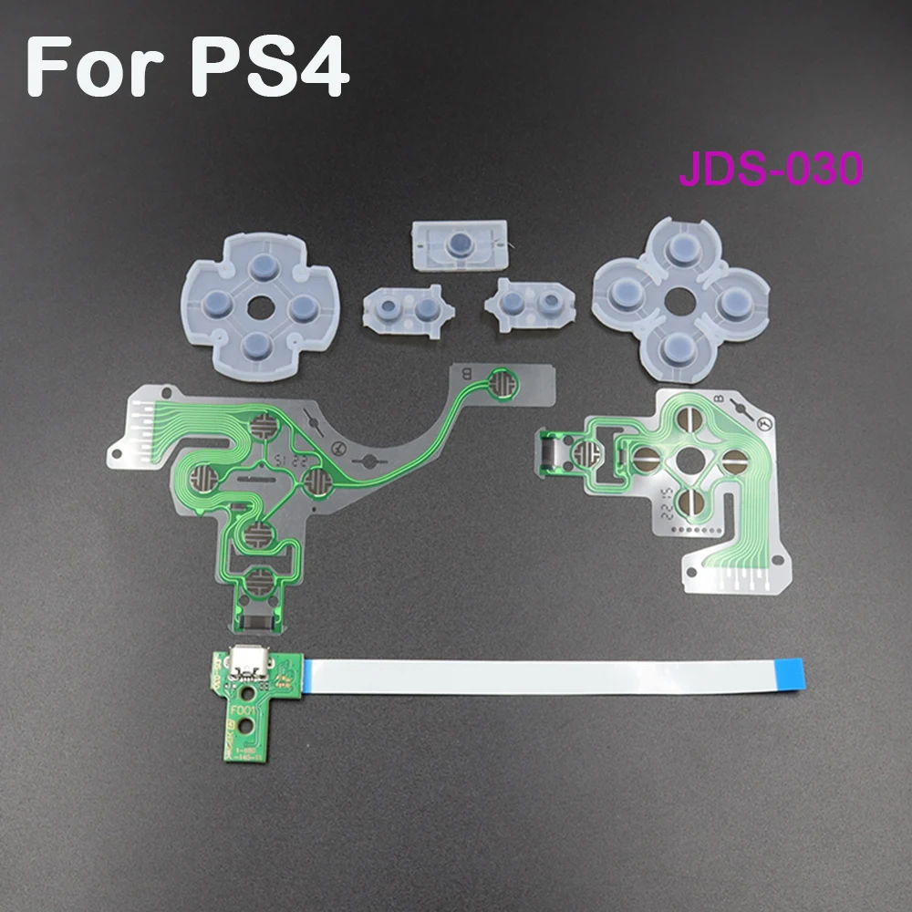 1 Juego de almohadillas de botón de goma de silicona de película conductora y placa de puerto de carga Micro USB para controlador PS4 JDS-001 011 030 040 050 055