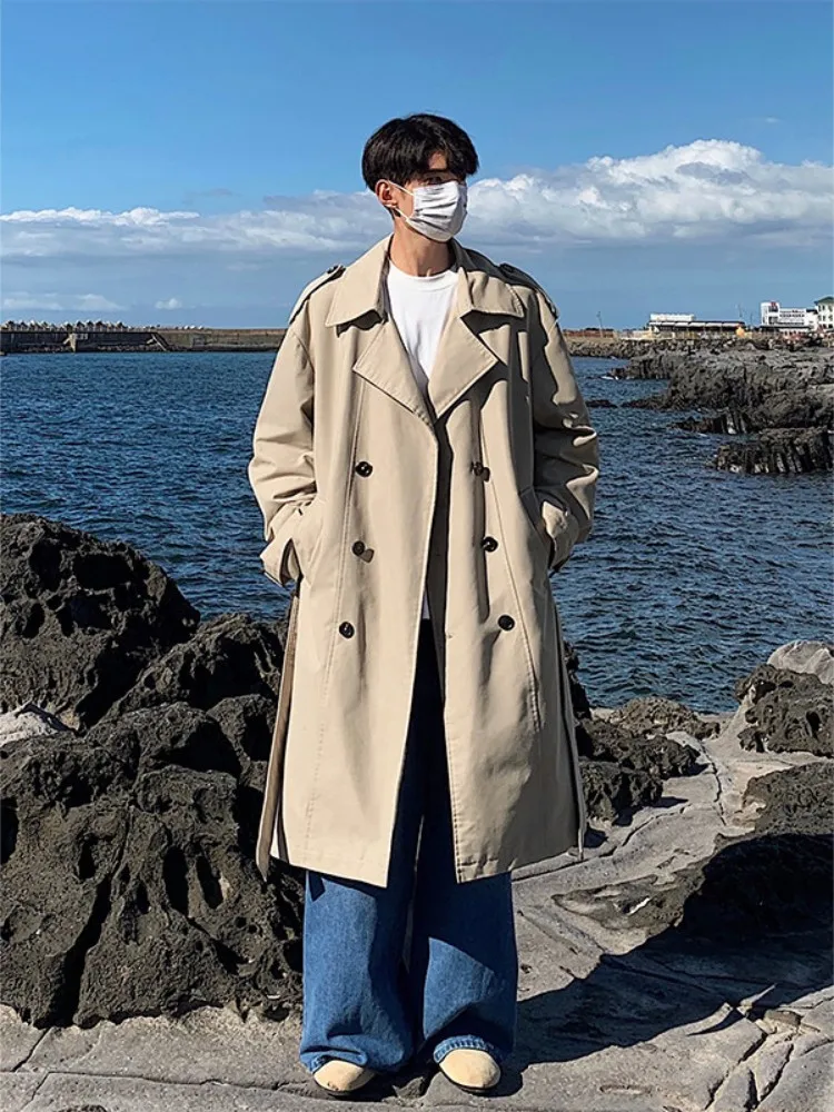 

Мужское длинное двубортное пальто цвета хаки ниже колена, осенне-зимняя модная верхняя одежда в британском стиле, молодежное свободное пальто