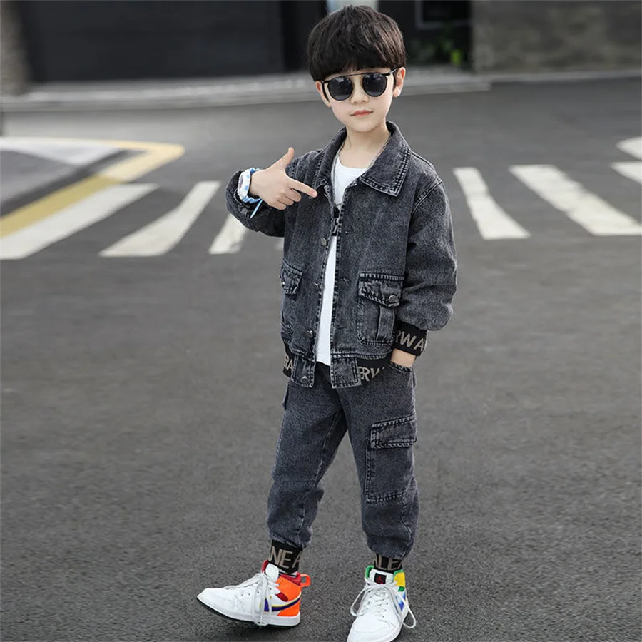 Cool Jean Spring Autumn Baby Boys Boys Set Kids Coat +Pants Outfits Teenage Casual Tops Children Clothing Suit High Quality