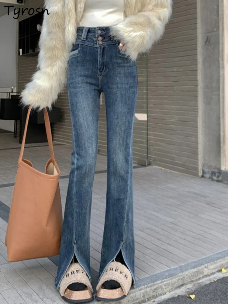 Jeans Women Spring High Street Fashion Simple All-match Design Ladies Tender Slit Straight Korean Style Elegant Vintage Do Old