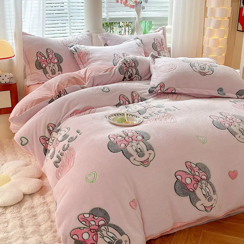 Stitch Pooh Bear Minnie Lotso Mickey new creative cute cartoon pattern snowflake velvet bed sheet and quilt cover four-piece set