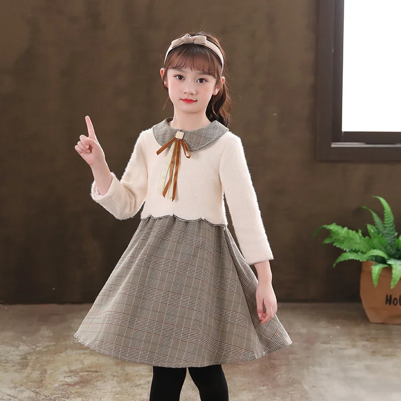 Girls mink fake two-piece dress 2021 winter dress new children's foreign style girls Plush sweater princess skirt