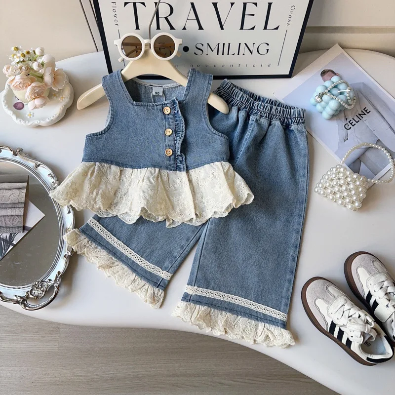 2025 Spring New Baby Girl Denim Vest + Pants 2pcs Suit Fashion Girls Lace Flared Trousers Outfits Kids Princess Clothes Set