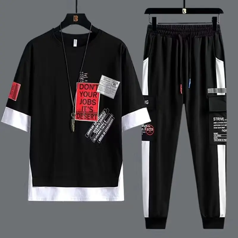 Shorts Men Suit Summer Joggers Set Korean Fashion Graphic T-shirt Multi-pocket Cargo Pants 2 Piece Set Men Tracksuits 2024 New