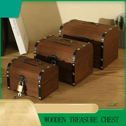 Vintage Wooden Children Bank Saving Home Furnishings Flip With Lock Treasure Box Desktop Antique Style Jewelry Box Gift