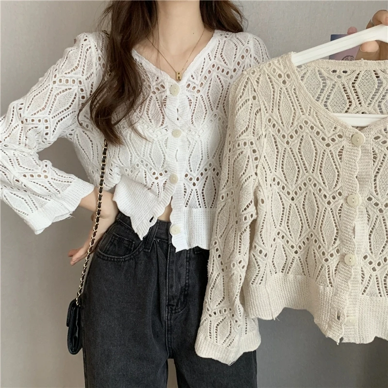 Women Summer Crochet Lace Shirts Cardigan Boho Style Beige White Long Sleeve Cover Up Top See Through Knit Cotton Short Top Cute