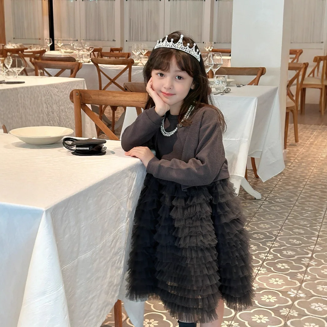 

Girls Set 2025 Spring Autumn New Girls Mesh Patchwork Dress Solid Long Sleeve Cardigan Two Piece Set