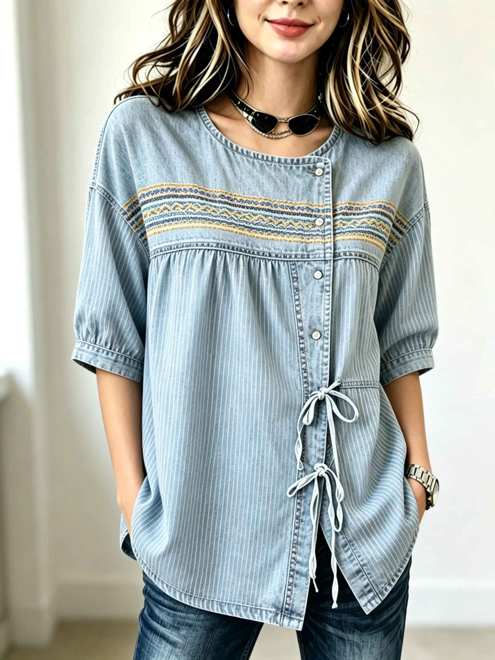 Women's Beige Boho Stripe Print Drawstring Button Up Blouse, Casual Round Neck Tops for Spring Summer Daily Vacation Wear