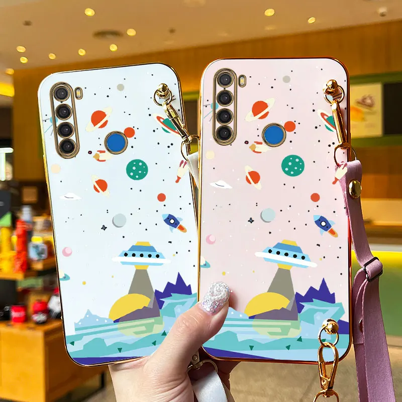 Sailing Spaceships Lanyard Plating Phone Case For Xiaomi Redmi Note 8 8T 8Pro 9 9S 9T 9Pro 7Pro 7 10T 10Pro 10S 10 11 11S Cover