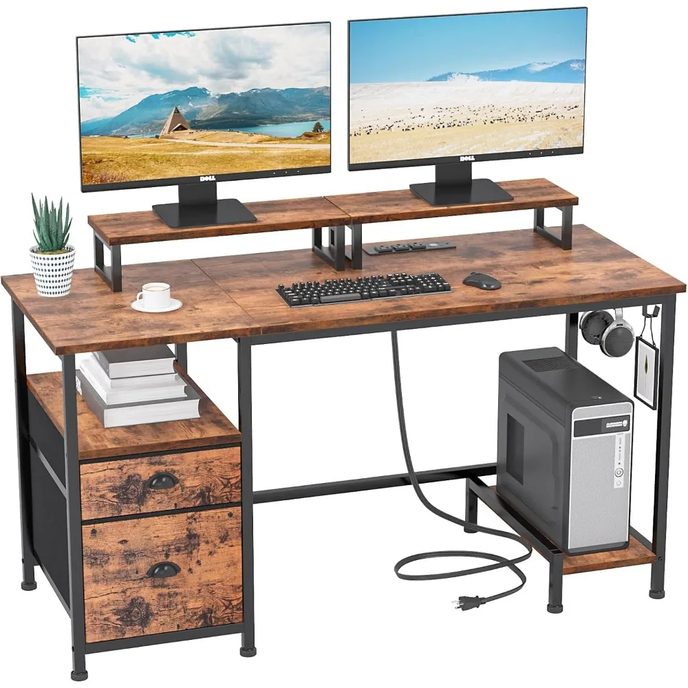 

Computer Desk with Drawer and Power Outlets, 47" Office Desk with 2 Monitor Stands and Fabric File Cabinet