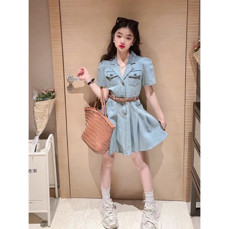 Girls Denim Dress Summer 2026 New Big Kids Fashion Elegant Viral Vintage Denim Dress Fashionable Stylish