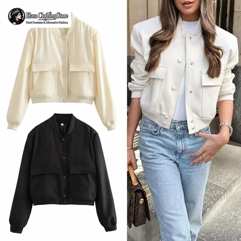 Elara 2026 New Y2k Style Standing Collar Large Pocket Women's Jacket Unisex Style Autumn Long Sleeved Pilot Jacket Jacket