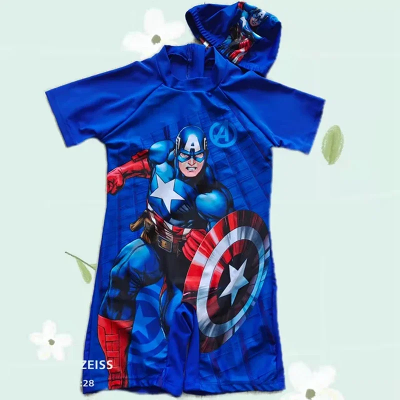 Baby Boys One Piece Swimsuit Hats 2 Pcs Set Swimwear Cartoon Spiderman Suit Boys Captain America Kids Girl Sport Baby Beachwear