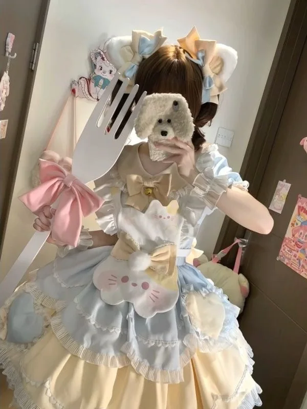 Set grembiule con stampa Sweet Lolita Bubble giallo Sve Vita alta ort Gonna estiva primaverile Colletto per bambola in due pezzi Blocco colore...