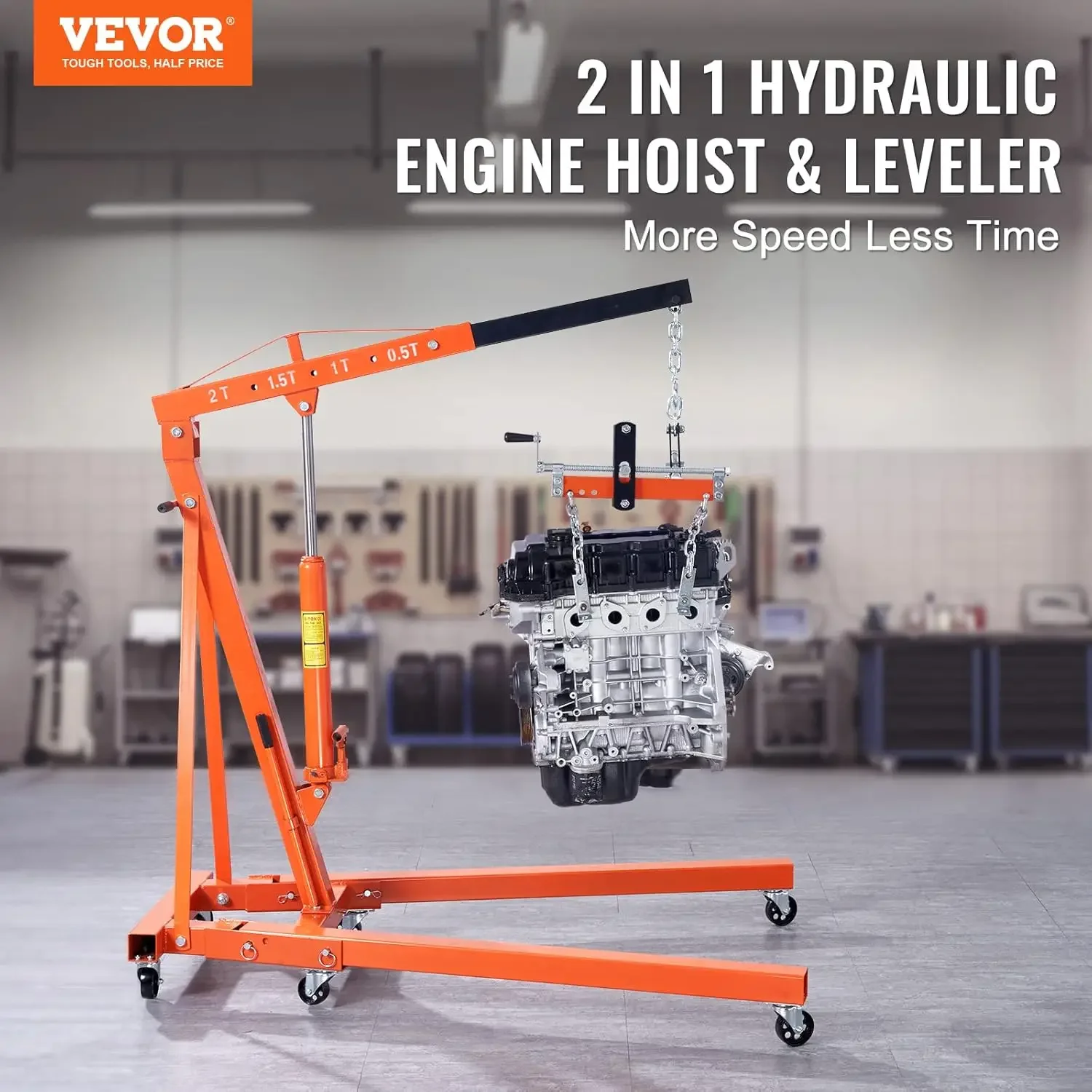 Engine Hoist with Lever 2 Ton Folding Cherry Picker Shop Crane Hoist Lift Heavy D uty Hydraulic Engine Crane with 6 Casters