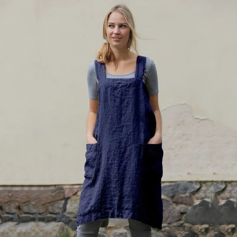 新しいシンプルな和風綿とリネンエプロン女性のホーム快適なファッションオーバーオールフラワーショップレトロ絶妙なレースフリー