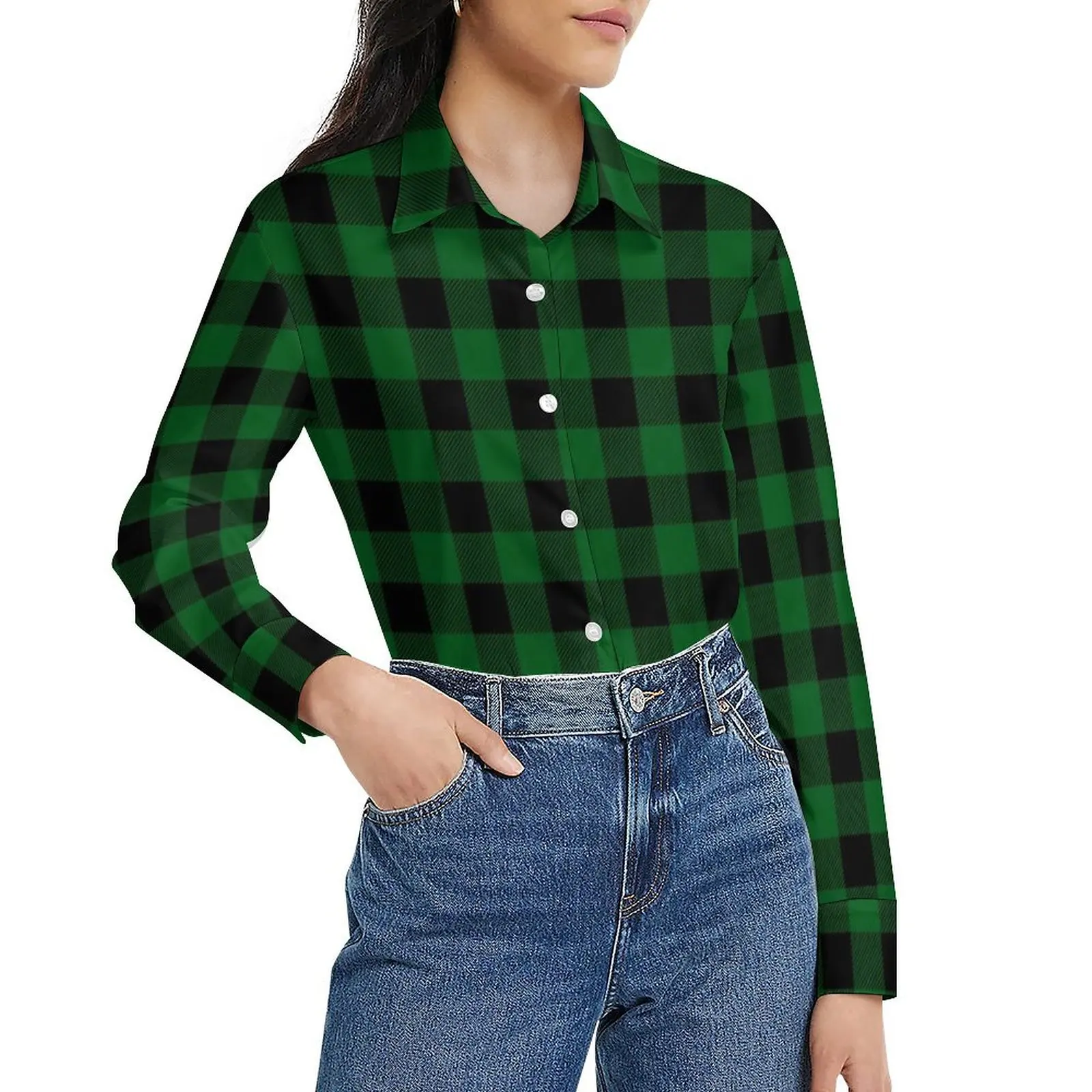 Vintage Plaid Blouse Cute Green Check Modern Printed Blouses Womens Korean Fashion Shirt Autumn Long-Sleeve Oversized Clothing