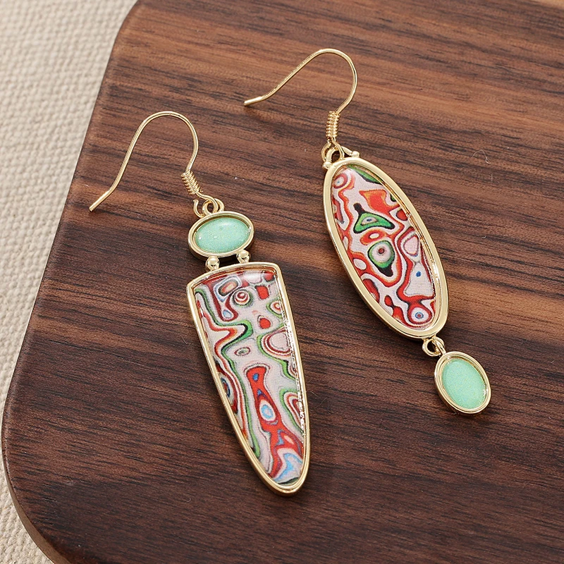 Fashion Asymmetrical Irregular Multi-color Golden Dangle Earrings for Women Bohemian Style Vintage Vacation Jewelry Accessories