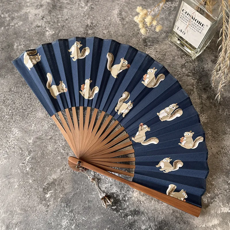 Cartoon Squirrel Pattern Folding Fan Navy Blue Portable Summer Cooling Daily Fan for Women Lightweight Gift Chinese style