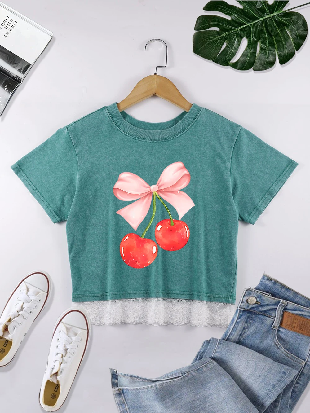 

Pink Bow Cherry Prints Cotton Washed T-Shirts Fashion Summer Lace Hem Crop Tops Regular Fit O-Neck Short Sleeve Casual Clothes