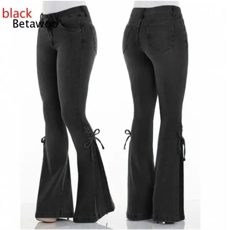 Women's High Waist Stretch Denim Flare Pants with Lace-Up Side Detail, Casual Slim Fit Bell-Bottom Jeans in Navy Blue Black