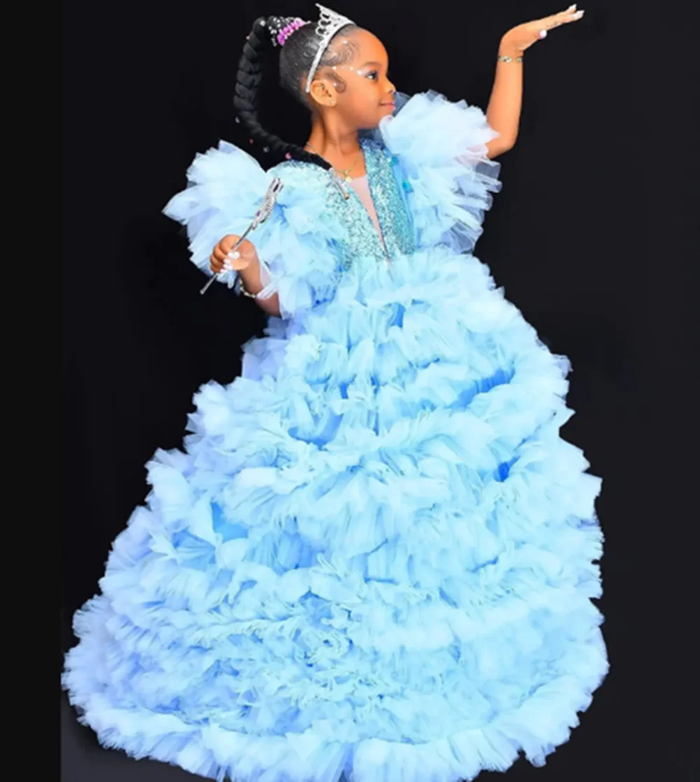 

Небесно-голубые платья с цветочным узором для девочек по индивидуальному заказу на свадьбу, многослойное платье с блестками длиной до пола, роскошное детское бальное платье для первого причастия