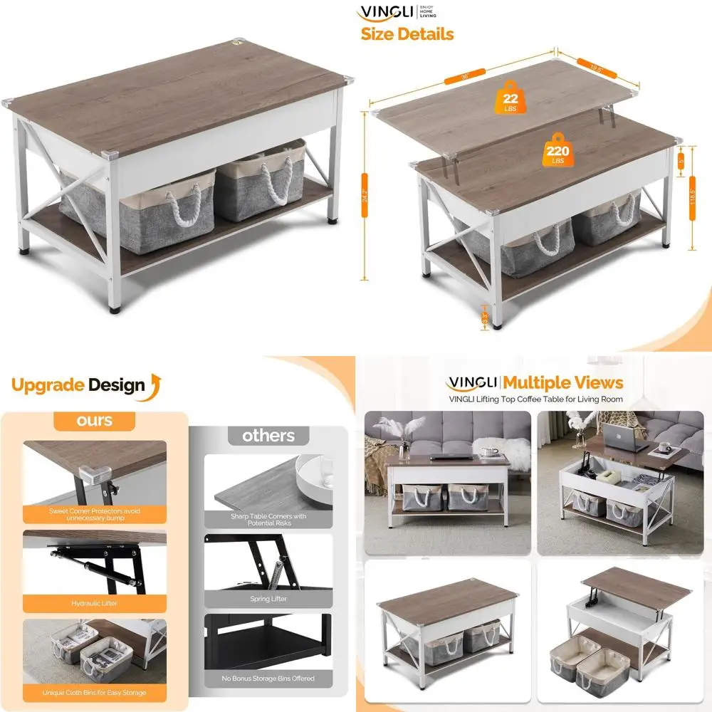 

36 Rectangular Coffee Table with Fabric Storage Bins, White and Walnut Living Room Furniture for Small Spaces, Minimalist Style