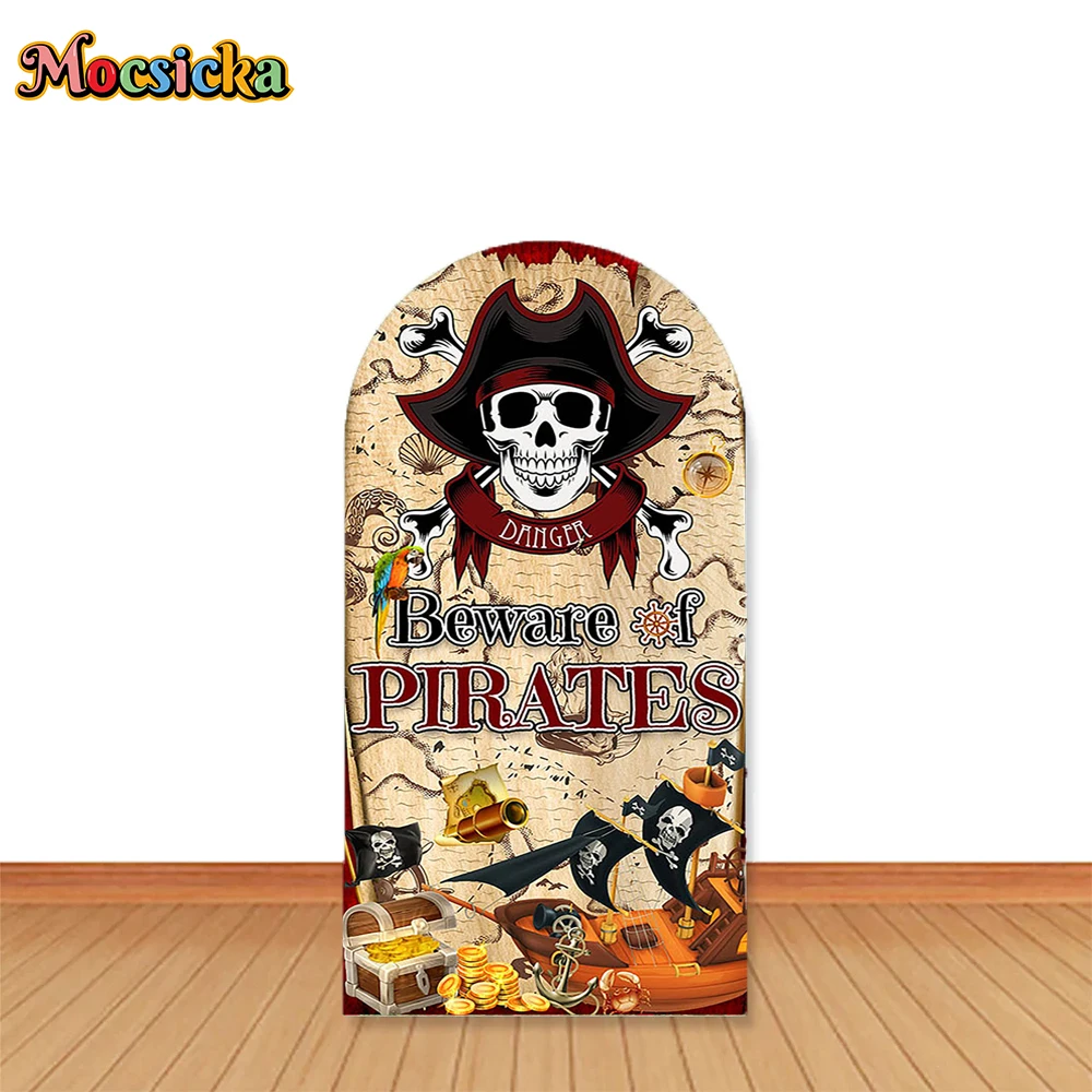 Mocsicka Beware of Pirates Party Arch Backdrop for Boy Birthday Studio Photography Treasure Map Adventure Background Custom Prop