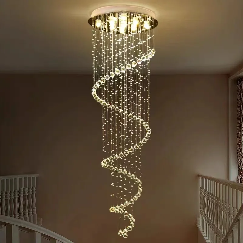 

Foyer Stair Long Spiral Crystal Chandelier Lighting LED Light Source Fixture for Staircase Rain Drop Pending Lamp Gu10 Bulb