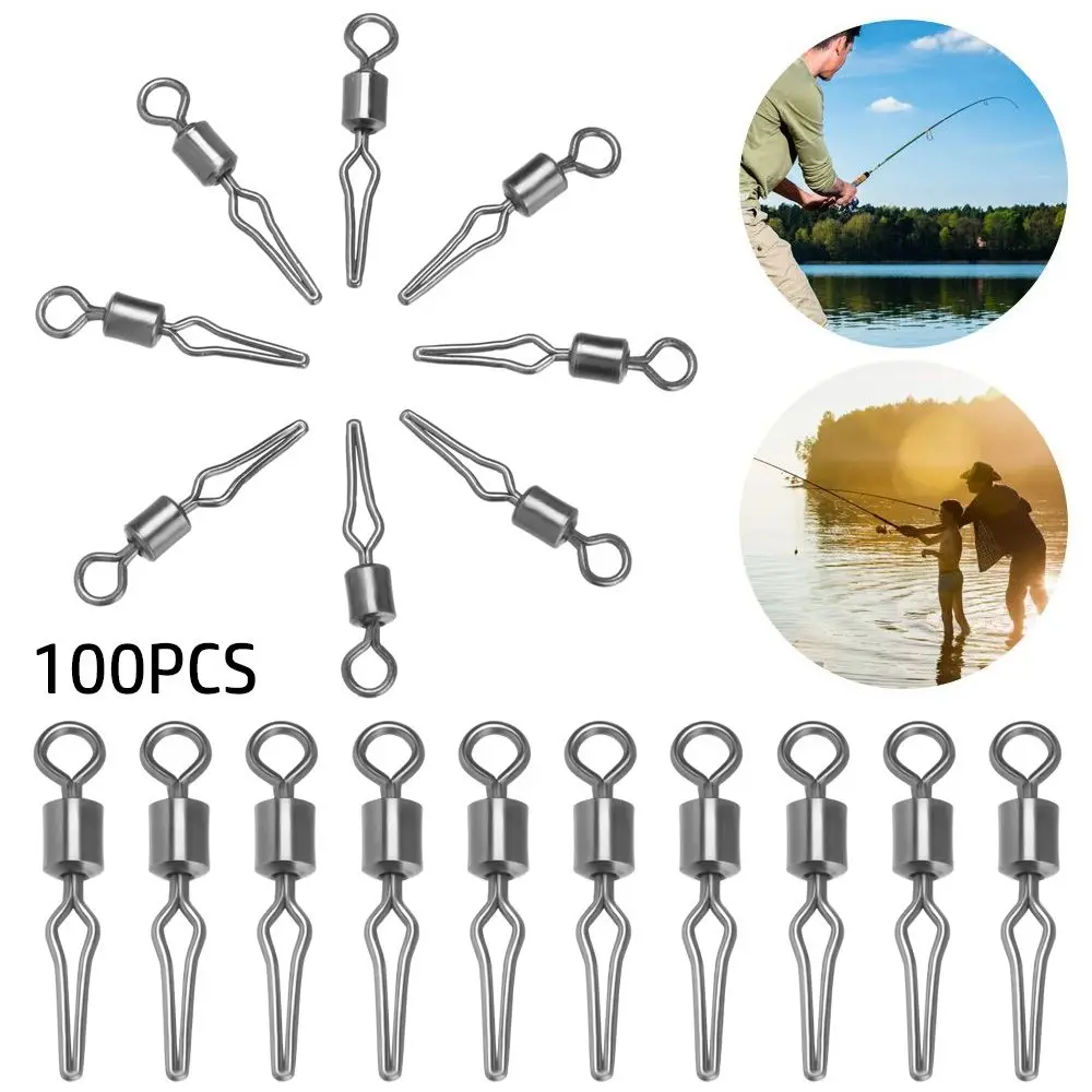 100Pcs Stainless Steel Swivels With Side Line Clip Fishing Hanging Snap Fishhooks Crap Connector Barrel Swivel Angling Supplies