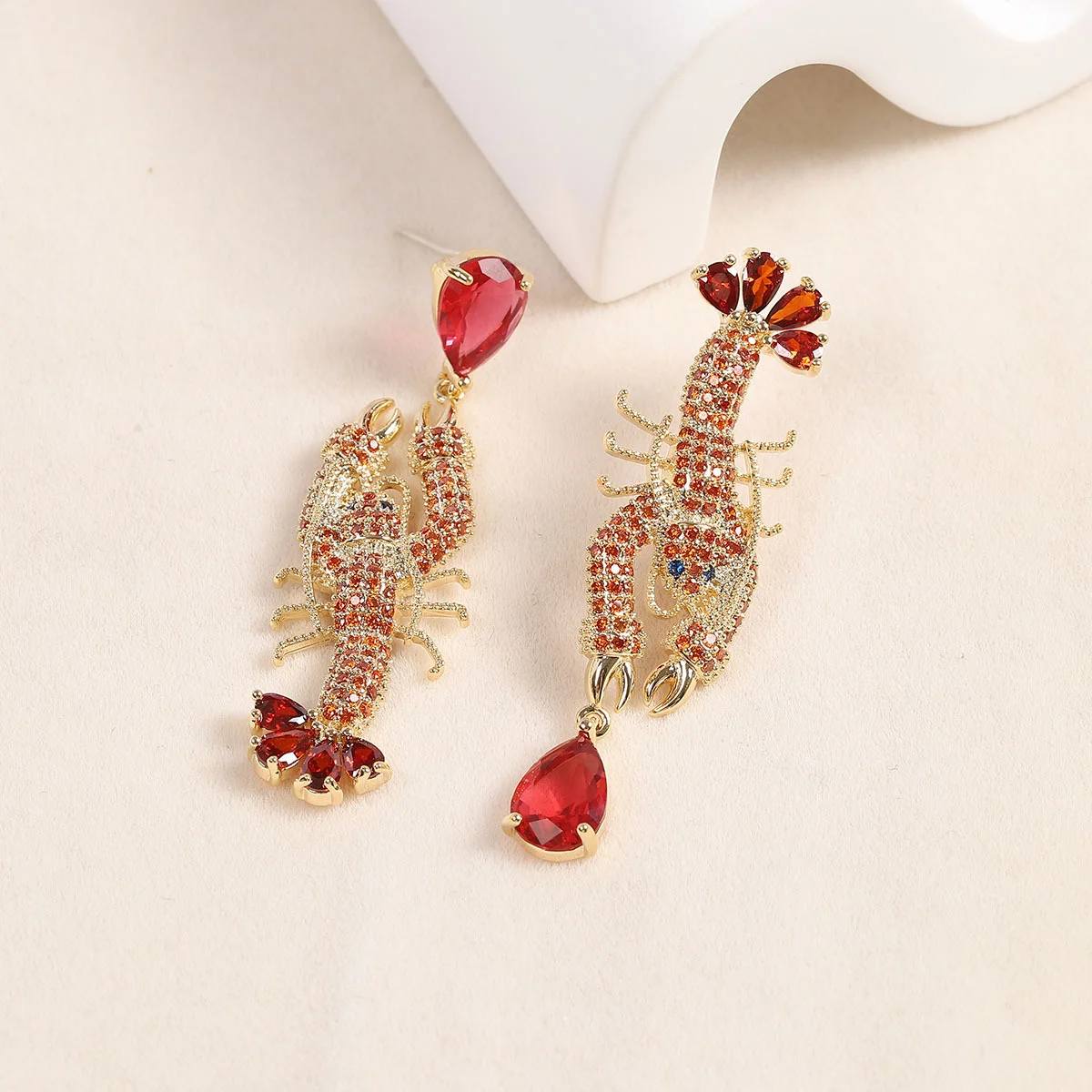

925 Silver Gold Plated Lobster Shape Red CZ Drop Earrings, Unique Statement Party Jewelry for Women